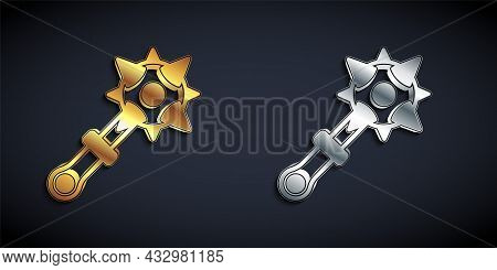 Gold And Silver Medieval Chained Mace Ball Icon Isolated On Black Background. Morgenstern Medieval W