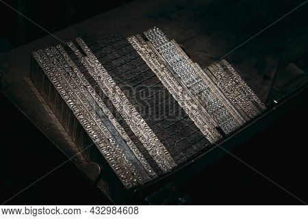 Typesetting Linotype Machine, Imprint. Detail. Paper Mill Museum. Famous Landmark Historical Heritag