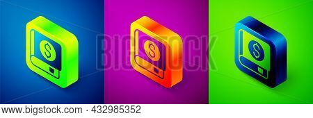Isometric Financial Book Icon Isolated On Blue, Purple And Green Background. Square Button. Vector