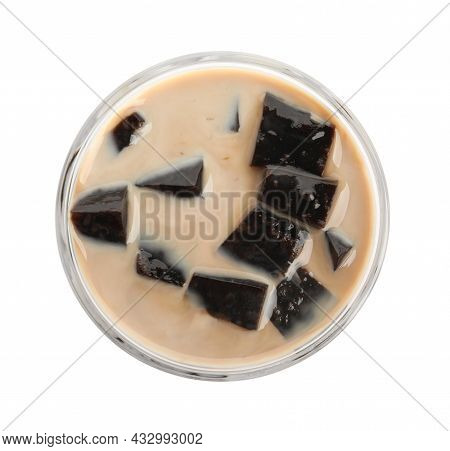 Glass Of Milk With Grass Jelly Isolated On White, Top View