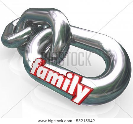 The word Family on silver metal chain links to illustrate close relationships between related people such as spouses, parents, children and other ancestors or descendants