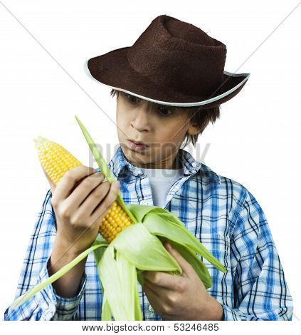 Farm Boy Husking Corn