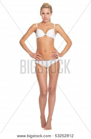 Full Length Portrait Of Happy Young Woman In Lingerie