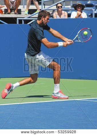 Grand Slam champion and professional tennis player Juan Martin Del Potro practices for US Open 2013