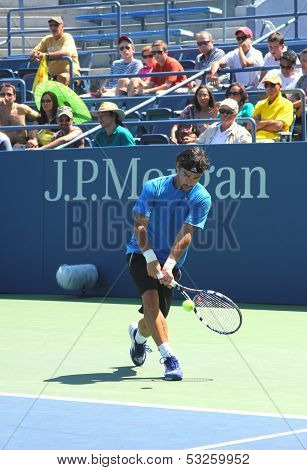 Professional tennis player Fabio Fognini from Italy practices for US Open 2013