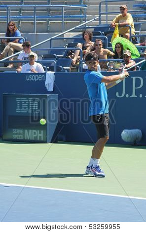 Professional tennis player Fabio Fognini from Italy practices for US Open 2013
