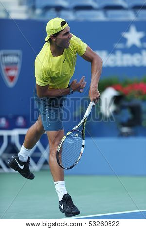 Twelve  times Grand Slam champion Rafael Nadal during his second round match  at US Open 2013