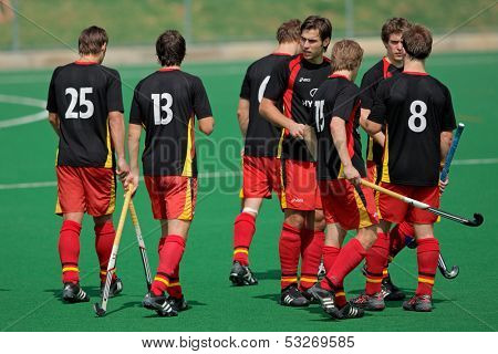 BLOEMFONTEIN, SOUTH AFRICA - MARCH 14: German players at an international men's field hockey game between Germany and South Africa March 14, 2009 in Bloemfontein. Germany won 4-3.