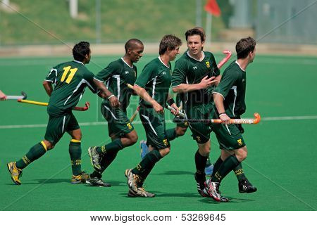 BLOEMFONTEIN, SOUTH AFRICA - MARCH 14: South African players in action during an international men's field hockey game between Germany and South Africa March 14, 2009 in Bloemfontein. Germany won 4-3.