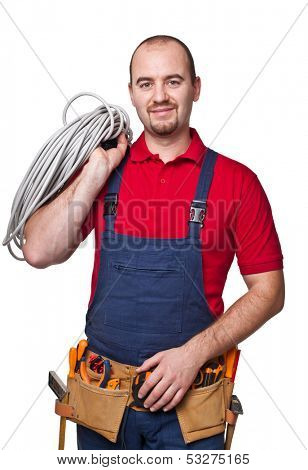 portrait of caucasian handyman isolated on white background
