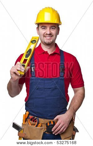 portrait of caucasian handyman isolated on white background