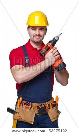 portrait of caucasian handyman isolated on white background
