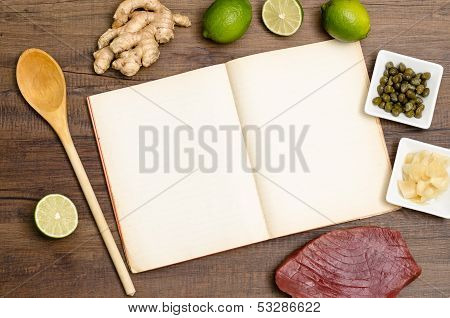 Recipe Book With Wooden Spoon And Text Space