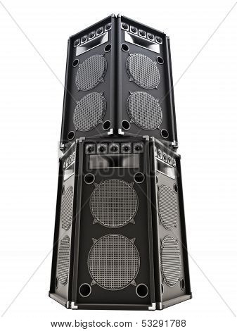 Large audio Tower speakers on a white background.