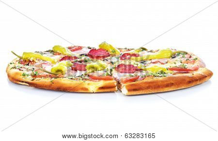 Tasty pizza with vegetables, isolated on whitec