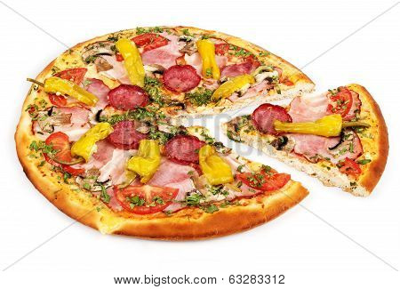 Tasty pizza with vegetables, isolated on whitec
