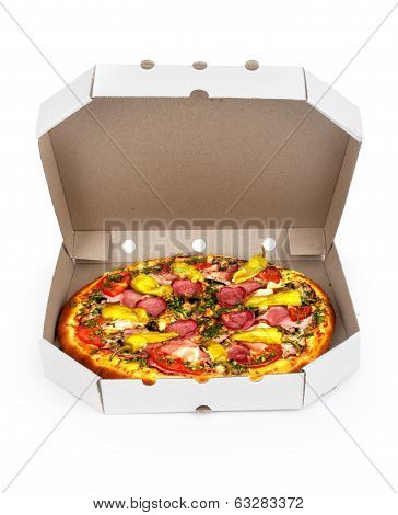 Tasty pizza with vegetables, isolated on whitec