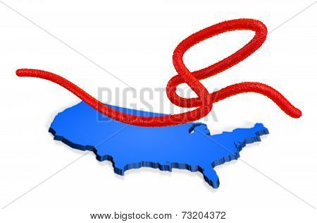 An ebolavirus virion with a map of the United States of America in the background
