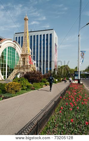 Reduced Copy Of Eiffel Tower In Front Of Shops In Almaty