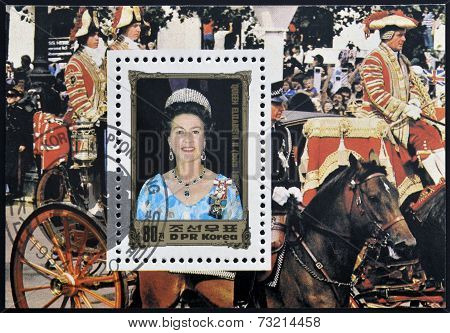 DPR KOREA - CIRCA 1984: A stamp printed in North Korea shows portraits of Queen Elizabeth II