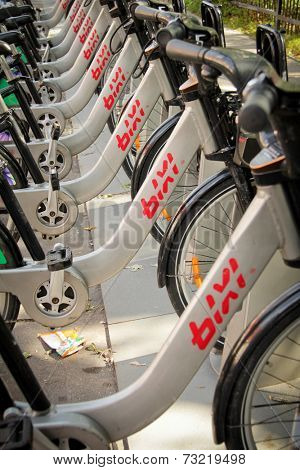 MONTREAL  CANADA - AUGUST 20: Row of Bixi Montreal's public bike system  august 20, 2014 in MONTREAL