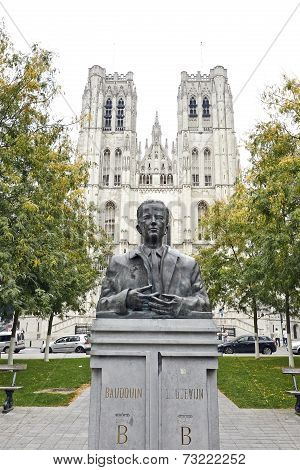 King Baudouin Statue In Front Of St. Michael And St. Gudula Cathedral In Brussels