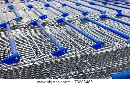 Samara, Russia - October 4, 2014: Large Empty Blue Shopping Cart Metro Store. Metro Group Is A Germa