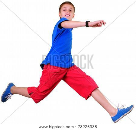 Isolated Full Length Portrait Of Running Jumping Boy