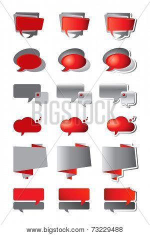 Speech bubbles in shades of red and grey. Three styles - flat, gradient and gradient with shadow. 