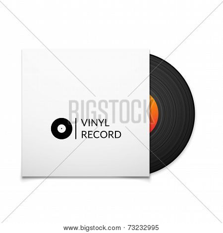 Black vintage vinyl record with blank cover case isolated on white background