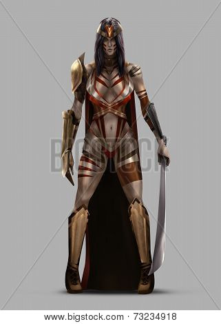 Fantasy amazon queen warrior character standing in armor and holding sword.