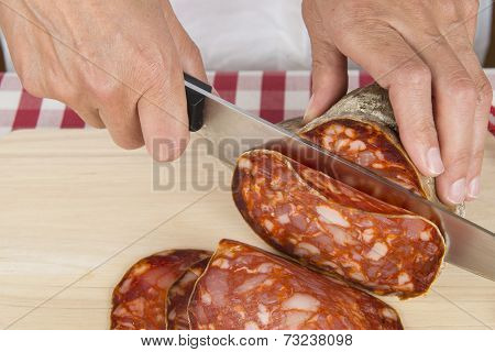 Butcher Slicing A Spanish Sausage Called Morcon