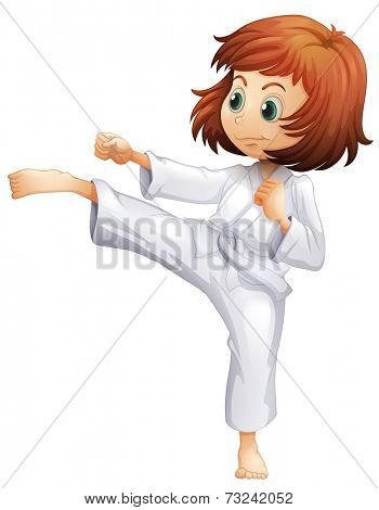 Illustration of a young woman doing karate on a white background