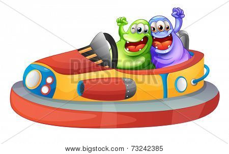 Illustration of the two monsters playing with the bumpcars on a white background