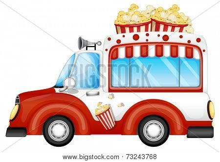 Illustration of a red vehicle selling popcorns on a white background
