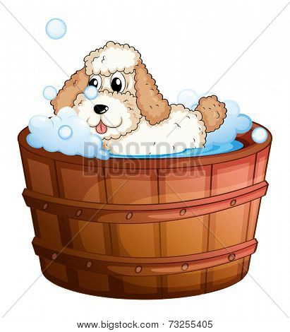 Illustration of a brown bathtub with a dog taking a bath on a white background