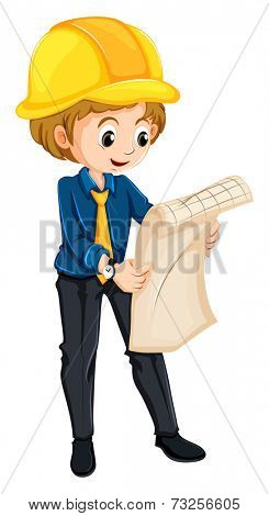 Illustration of an engineer watching his sketch plan on a white background