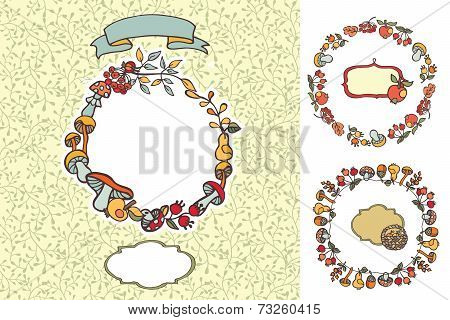Doodle Mushrooms,berries,fruits Design Template Set