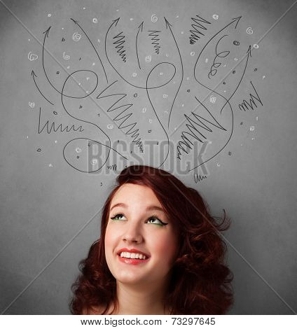 Pretty young woman deciding with sketched arrows over her head