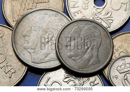 Coins of Norway. King King Olav V of Norway depicted in Norwegian krone coins.