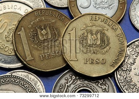 Coins of the Dominican Republic. Dominican national coat of arms depicted in the Dominican one peso coins.