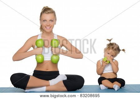 Mom And Daughter, Fitness Dumbbells Apples