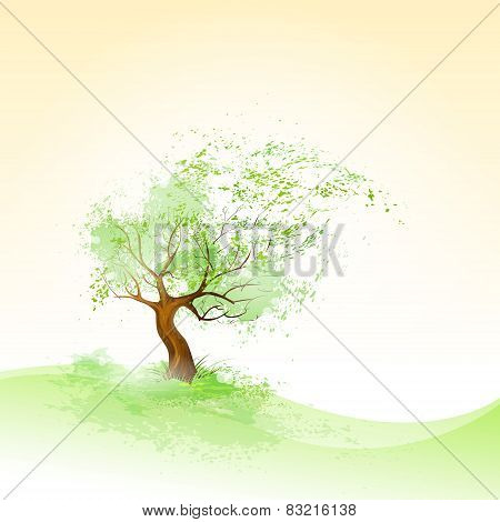 green tree with leaves blowing wind and brown bark vector