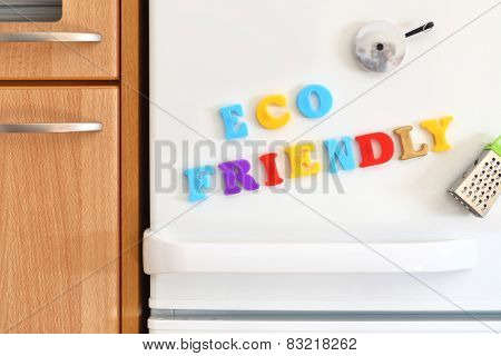 Refrigerators door with colorful text Eco Friendly