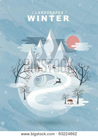 Frozen Winter Landscape In Flat Design