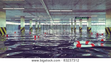 flooding parking lot. 3d concept