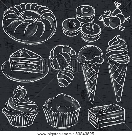 Set Of Different Sweetmeats On Blackboard, Vector
