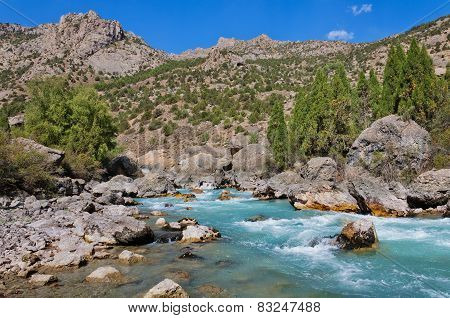 Beautiful Stormy Turquoise Mountain River