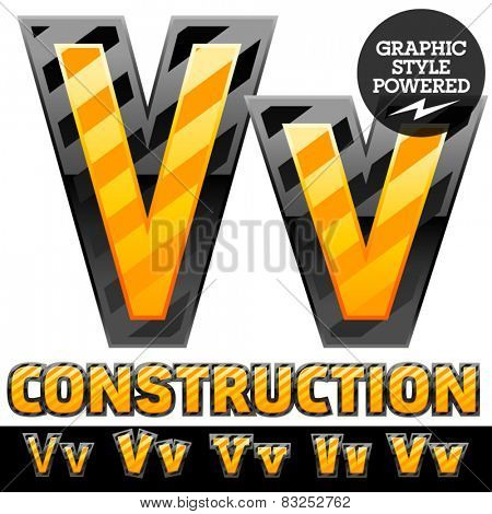 Vector set of striped orange and yellow alphabet in black border. Warning of danger style. Letter V