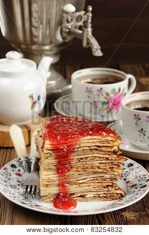 Russian Bliny With Raspberry Jam, Vintage Samovar And Teaware